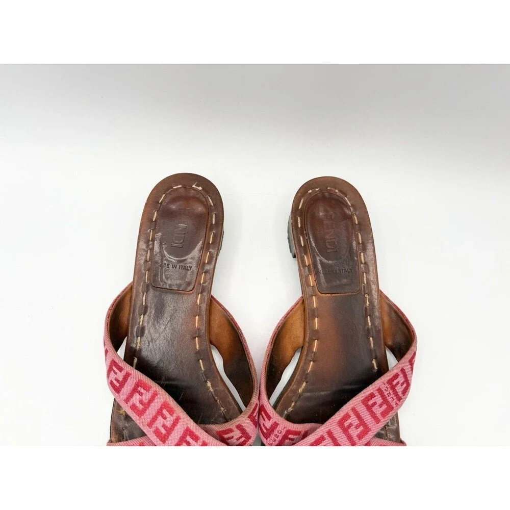Fendi Brown Leather Sandals w/ Pink FF Logo Zucca Print Strap Vintage Size EU 37
